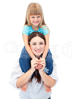 Smiling brunette mother giving her daughter piggyback ride