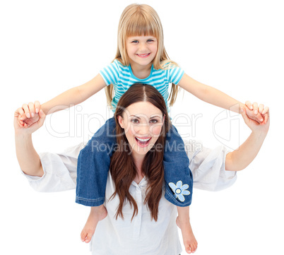 Enthusiastic mother giving her daughter piggyback ride