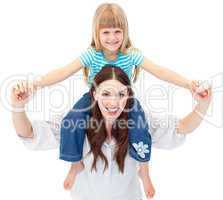 Enthusiastic mother giving her daughter piggyback ride