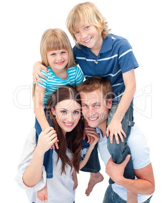 Adorable family enjoying piggyback ride