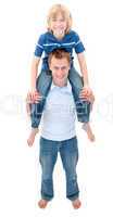 Portrait of father giving his son piggyback ride