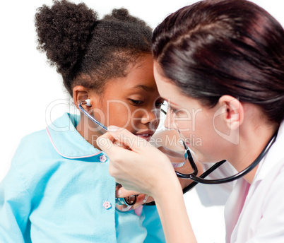 Female doctor and her patient playing with a stethoscope