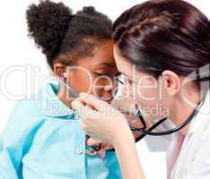 Female doctor and her patient playing with a stethoscope
