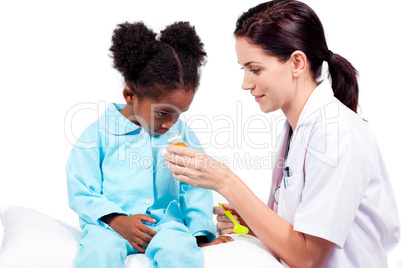 Confident doctor giving medicine to her patient