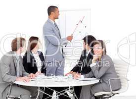 Confident businessman reporting sales figures