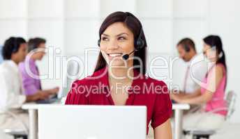 Jolly Customer service representative with headset on