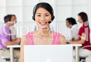Cheerful Customer service representative with headset on