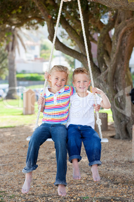 Adorable siblings swinging