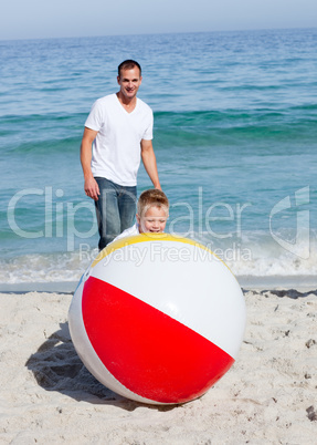 Animated father and his son playing with a ball