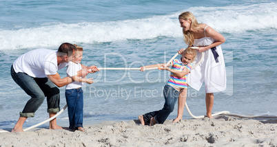 Lively family playing tug of war