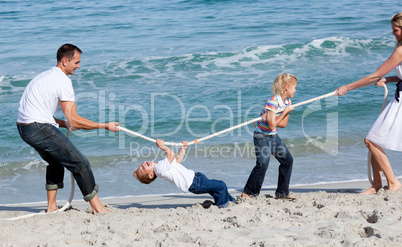 Animated family playing tug of war