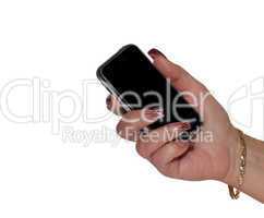 women hand holding mobile phone isolated