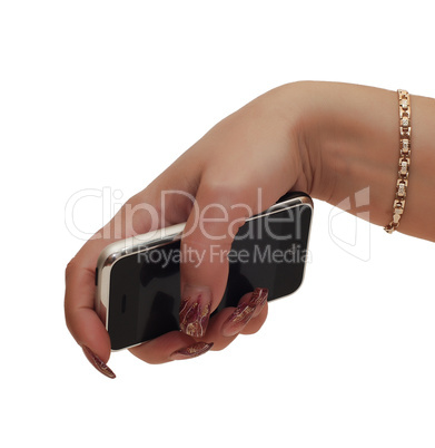 women hand holding mobile phone isolated