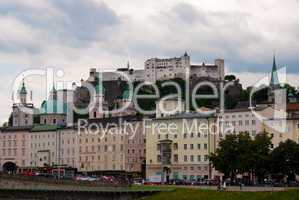 Salzburg embankment and riverside panoramic view