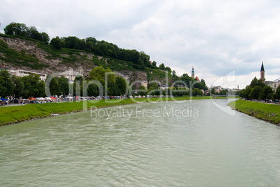 Salzach river and Salzburg embankment, Austria