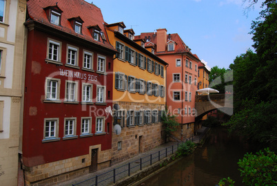 Street of Bamberg old town and Regnitz channel, Bavaria, Germany
