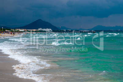 Mediterranean Sea and Majocra beach under heavy clouds, Spain