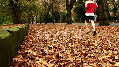 Young man jogging through the autumn leaves