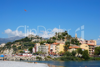 Menton town and red kite
