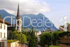 Vaduz church, downtown and Alps, Liechtenstein