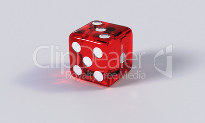 Red game die with refraction
