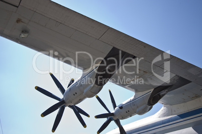 Detail view of a AN-22 wing and turboprop motors