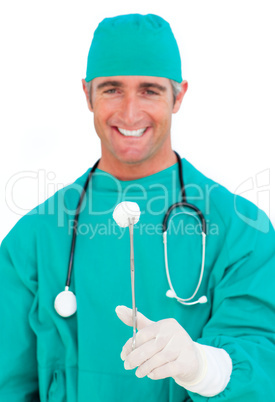 Self-assured surgeon holding surgical forceps