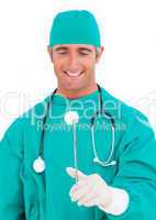Confident surgeon holding surgical forceps
