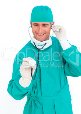 Positive surgeon holding a stethoscope