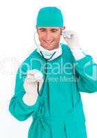 Positive surgeon holding a stethoscope