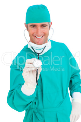 Charismatic surgeon holding a stethoscope