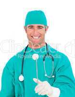 Successful surgeon holding surgical forceps