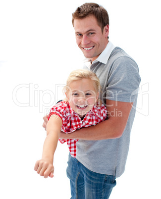 Cute little girl enjoying piggyback ride with her father