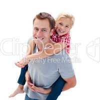 Blond little girl enjoying piggyback ride with her father