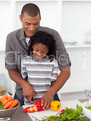 Attentive father helping his son cut vegetables