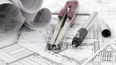 rolls of architectural drawings & tools