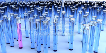 Hundreds of blue test tubes and a pink one