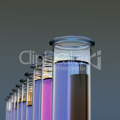 Ten test tubes with two colored liquids