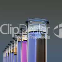 Ten test tubes with two colored liquids