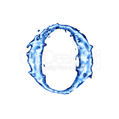 Blue liquid water alphabet with splashes and drops - letter O