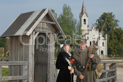 Retro style picture with woman and soldier