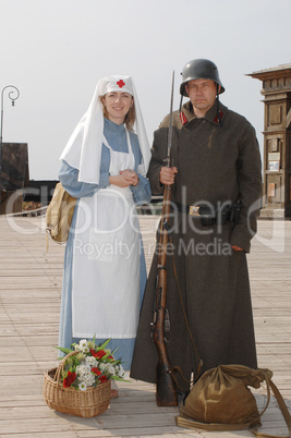 Retro style picture with nurse and soldier