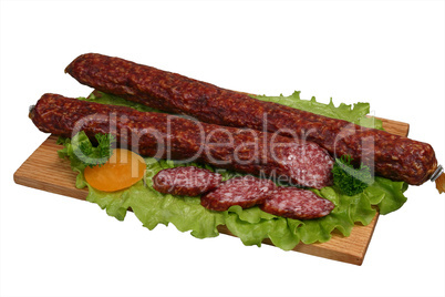 Smoked sausage on wooden board 2