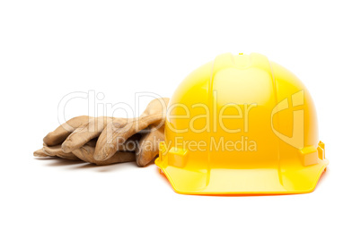 Yellow Hard Hat and Gloves on White