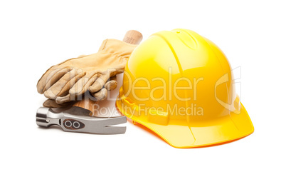 Yellow Hard Hat, Gloves and Hammer on White