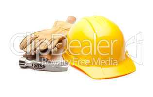 Yellow Hard Hat, Gloves and Hammer on White