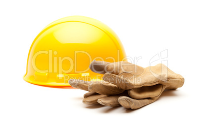 Yellow Hard Hat and Gloves on White