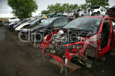 Car cementary with many broken cars