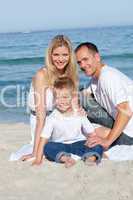 Portrait of cheerful parents with their son sitting on the sand