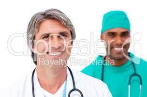Smiling male doctors standing in a line